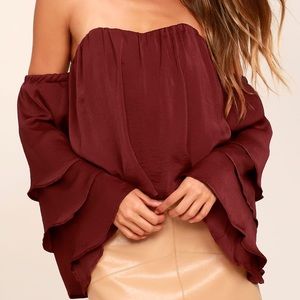 Burgundy satin off the shoulder crop top